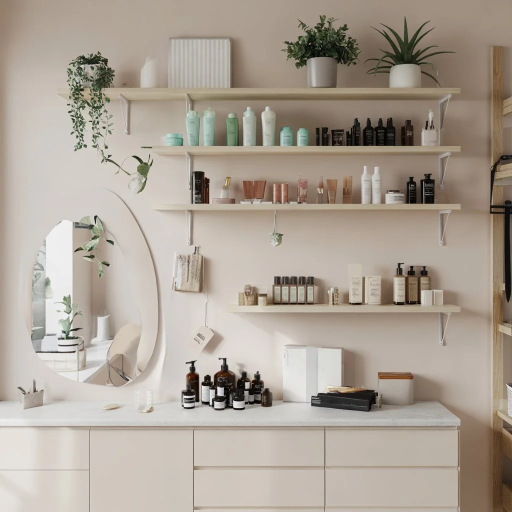 makeup organization 8 6️⃣ Hang Shelves or Wall Storage